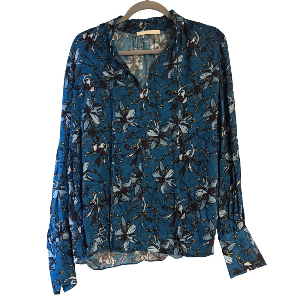Jason Wu Collection Teal Blue Floral Silk-Like Viscose Blouse Tie Neck Size 8